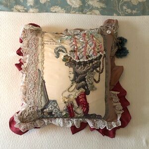 Handmade OOAK Vintage Style Decorative Pillow with Lace and jewel Embellishments